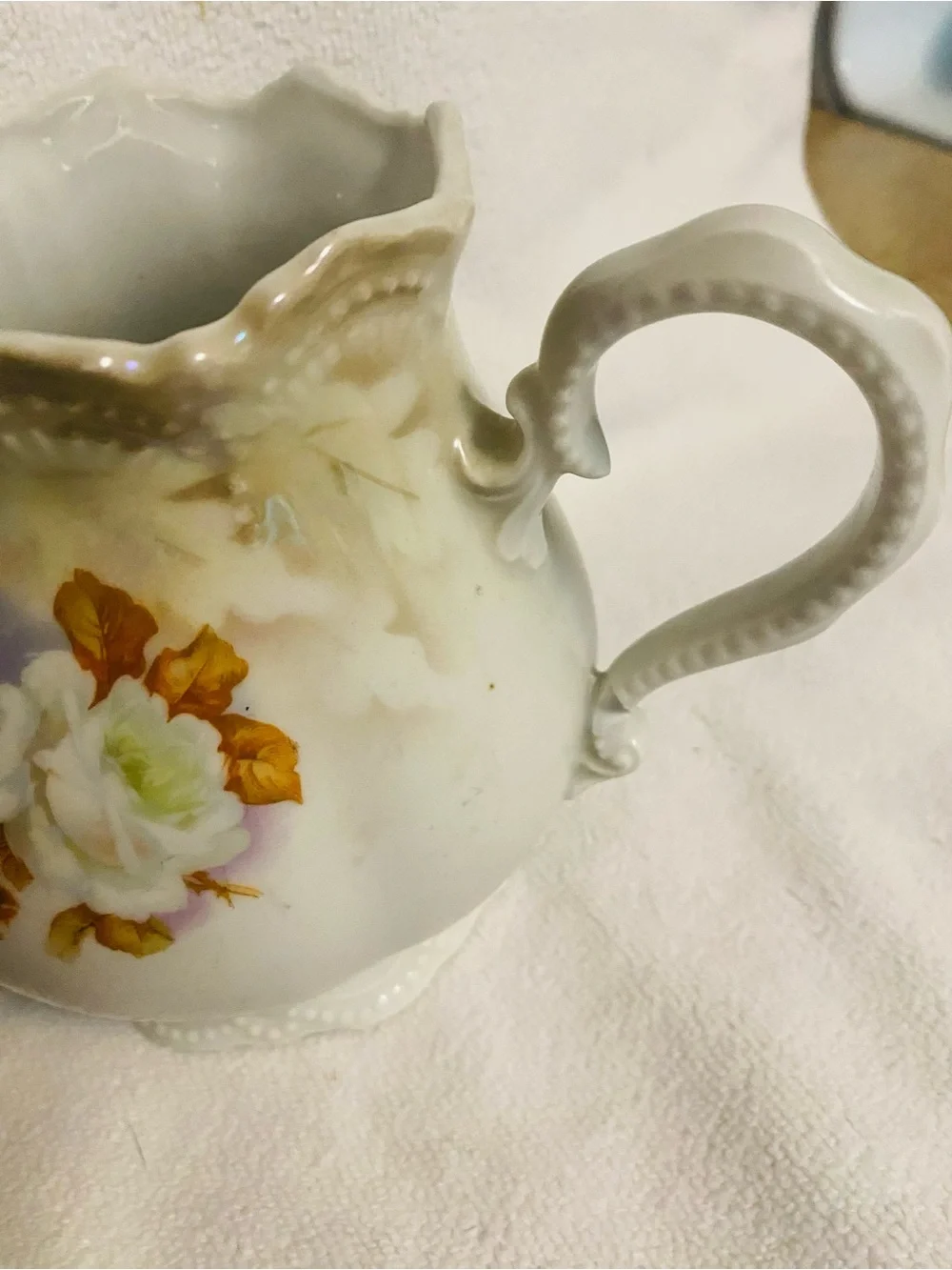 VNTG Leuchtenburg Germany Porcelain Cream Floral Pitcher Lusterware